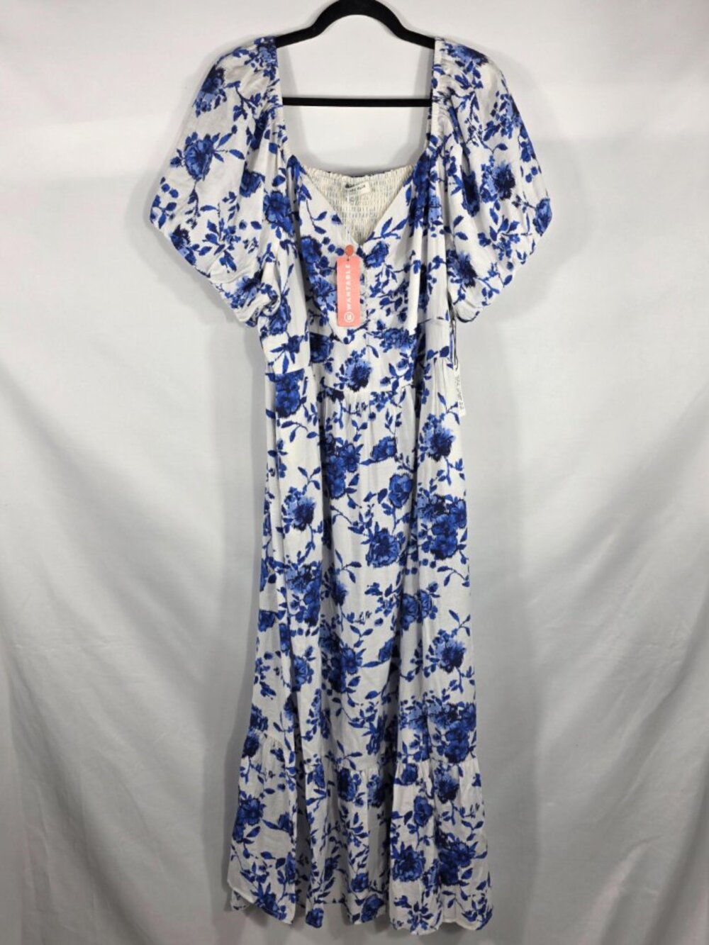 Skies are Blue Curvy Blue Flora Maxi Dress Women's Size 2X Short Puff Sleeves
